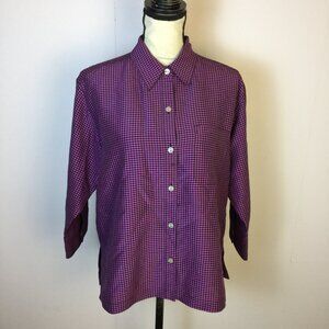 Chico's Design Shirt Blouse Size 1 US M Womans Purple 100% Silk Plaid 3/4 Sleeve